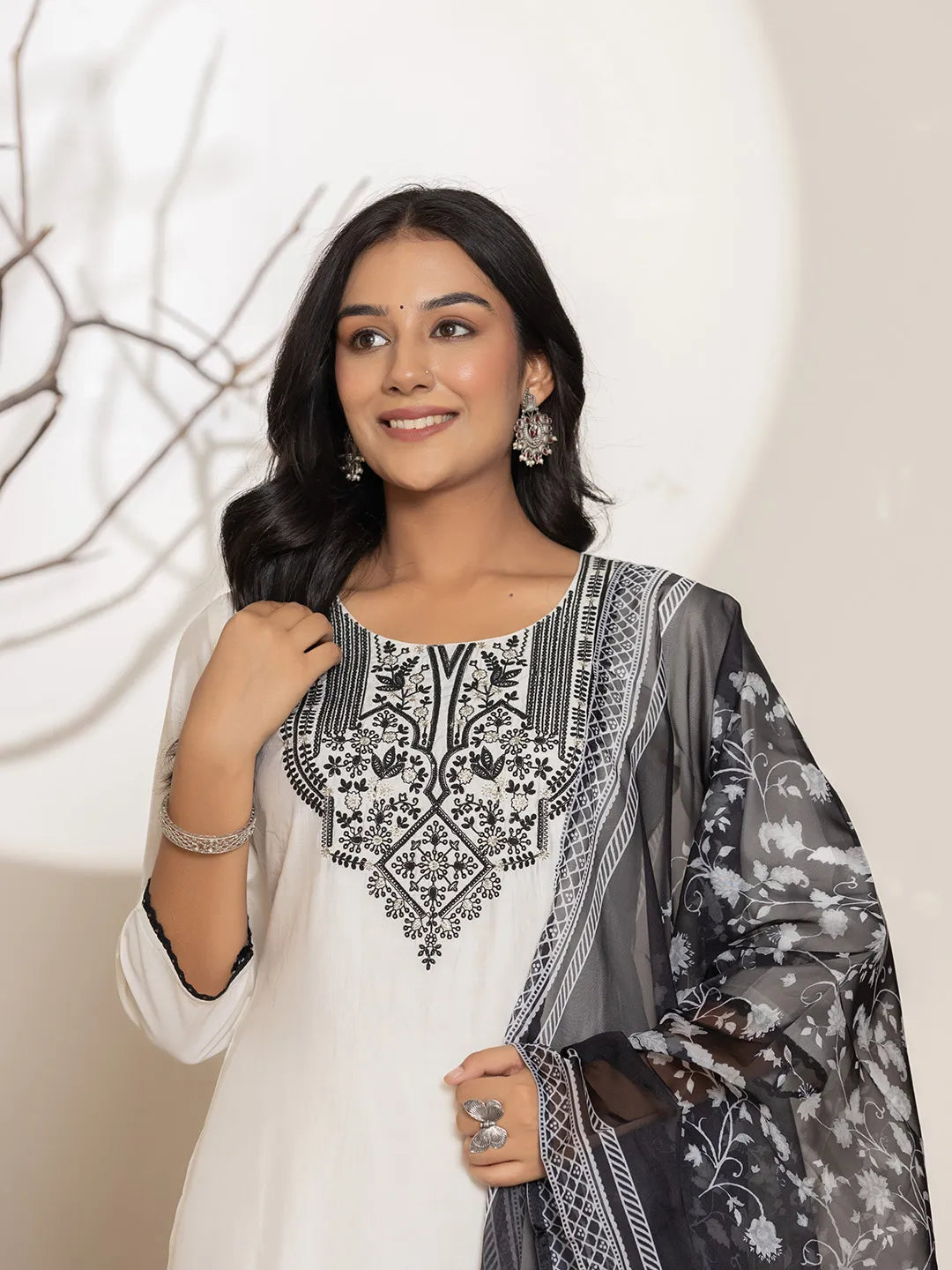 White Embroidery Cotton Straight Kurta Palazzo Dupatta Set-Yufta Store-7021SKDWHS