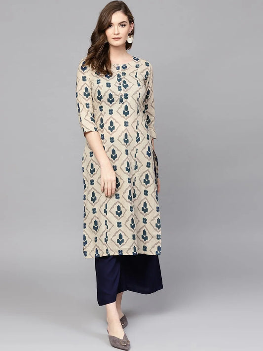 Beige & Navy Blue Printed Pure Cotton Kurta-Yufta Store-1555KURBGS