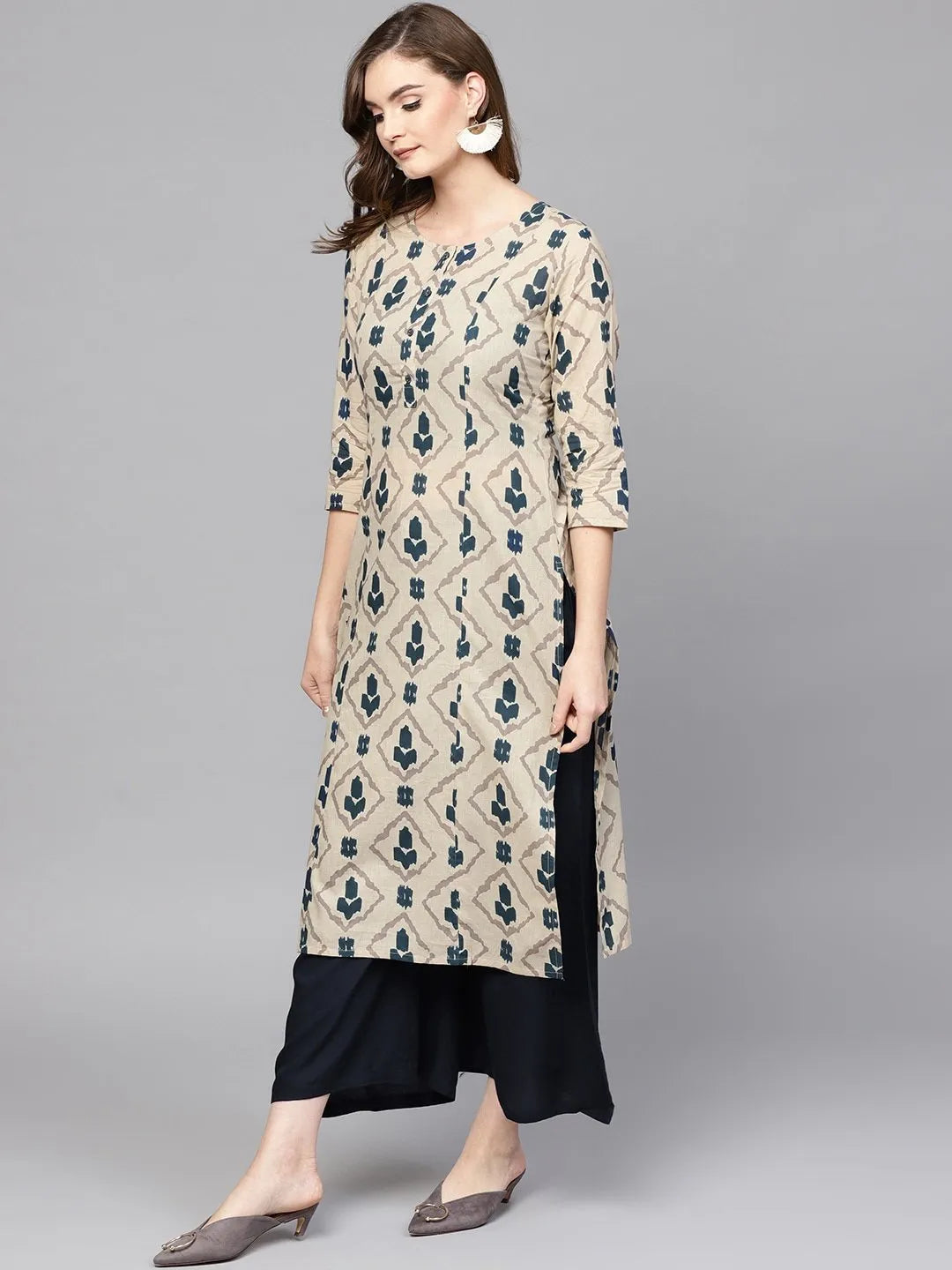 Beige & Navy Blue Printed Pure Cotton Kurta-Yufta Store-1555KURBGS