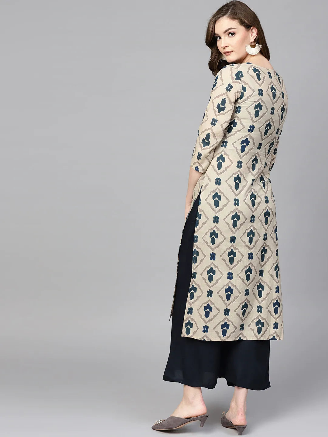 Beige & Navy Blue Printed Pure Cotton Kurta-Yufta Store-1555KURBGS