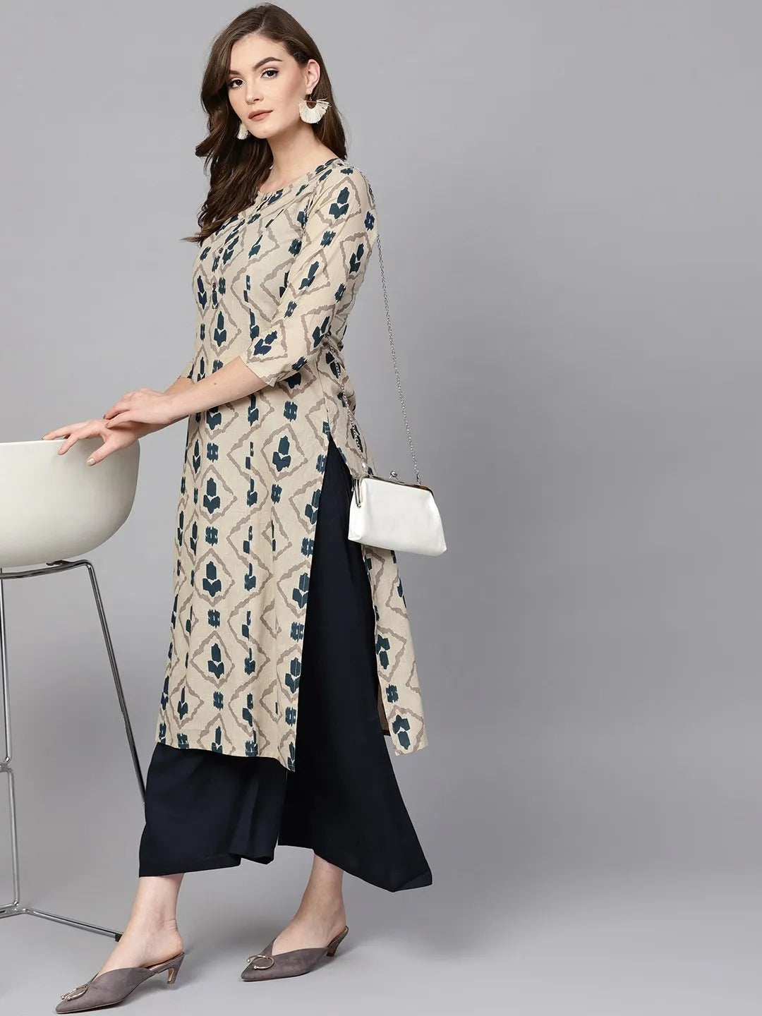 Beige & Navy Blue Printed Pure Cotton Kurta-Yufta Store-1555KURBGS