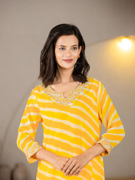 Yellow Georgette Lehriya Embroidery Kurta-Yufta Store-1772KURYLS