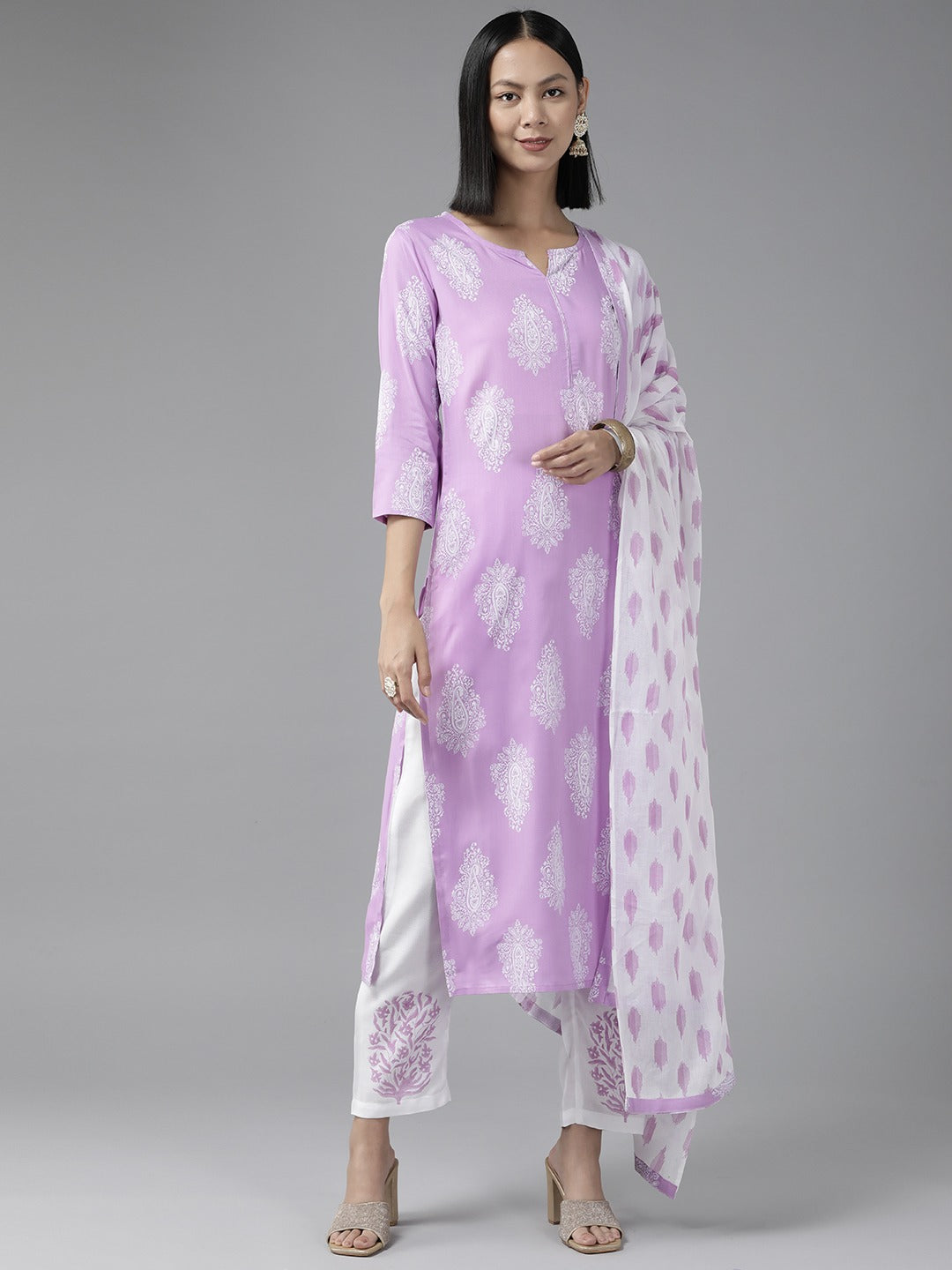 Lavender Printed Dupatta Set