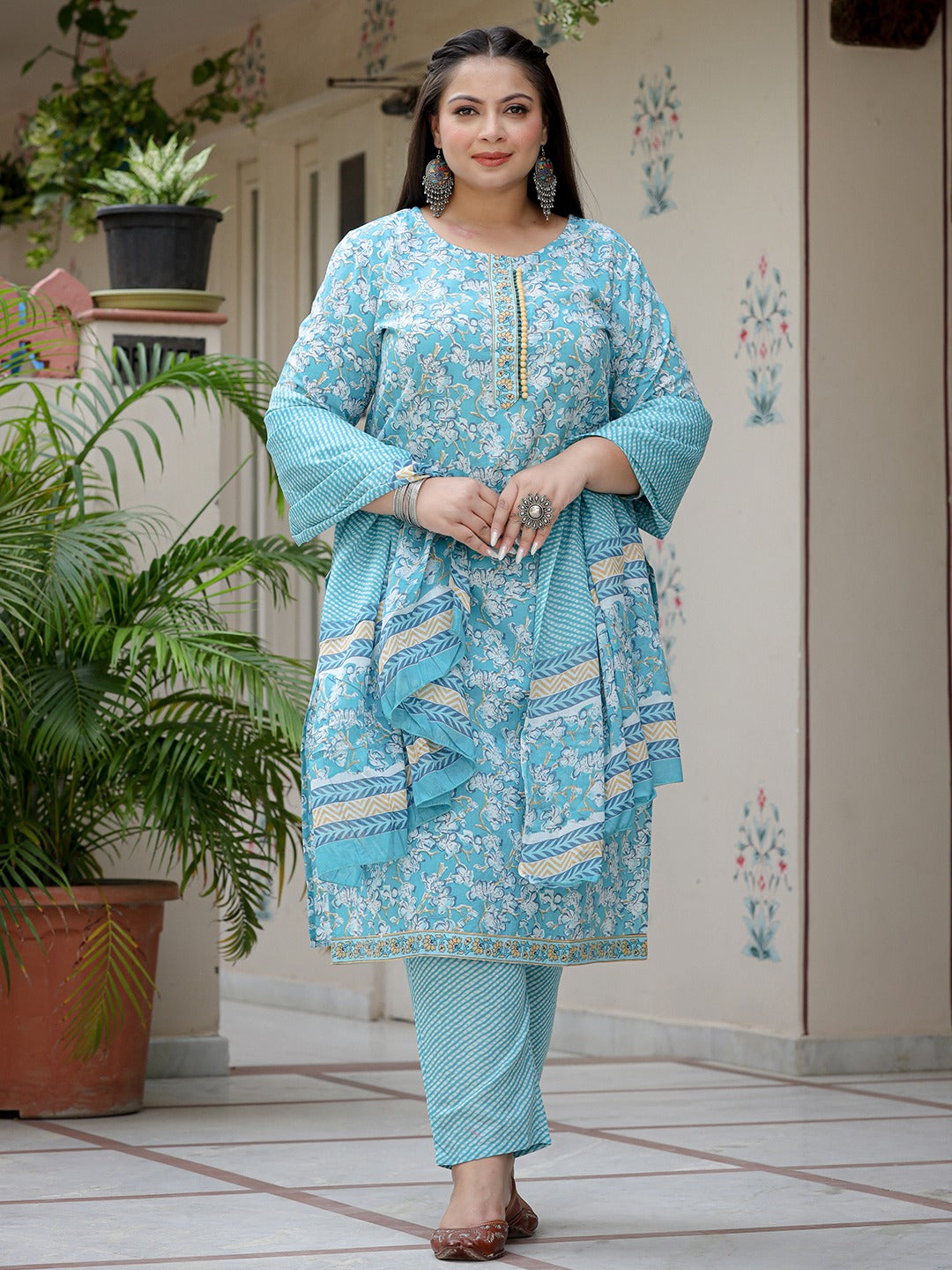 Plus Size Floral Cotton Kurta Dupatta Set 3