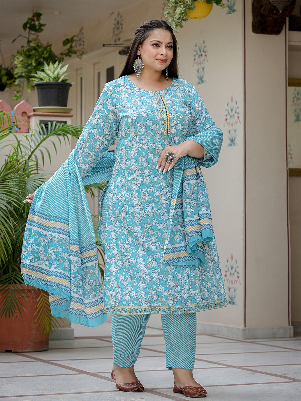 Plus Size Floral Cotton Kurta Dupatta Set 3