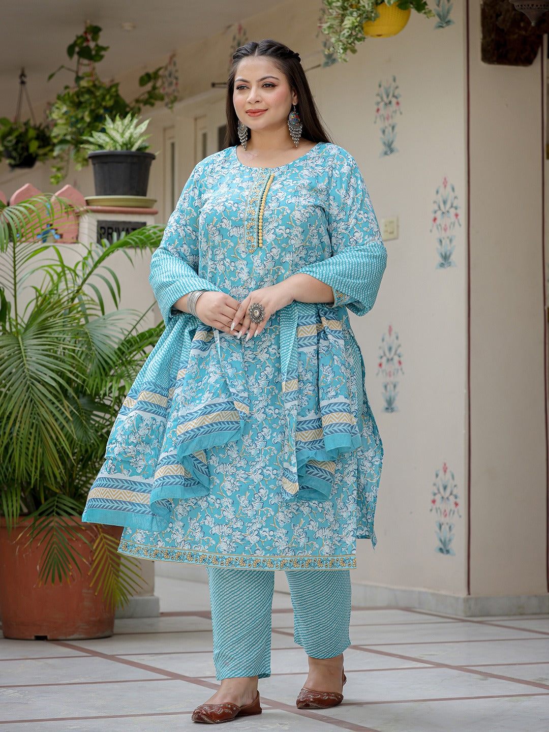 Plus Size Floral Cotton Kurta Dupatta Set 3