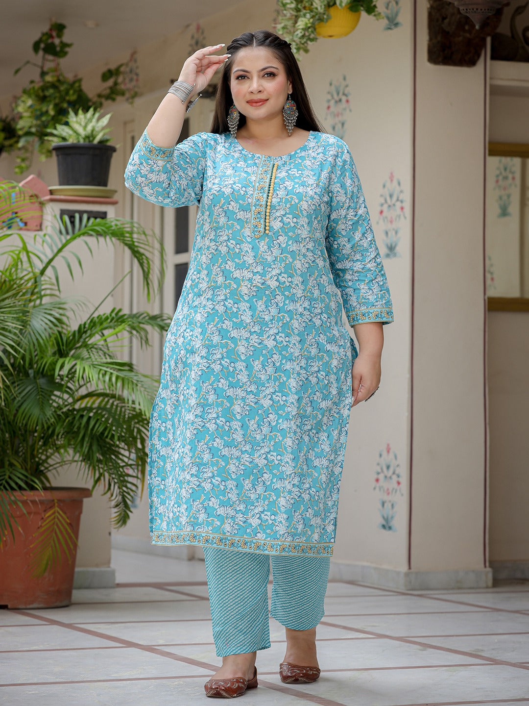 Plus Size Floral Cotton Kurta Dupatta Set 3