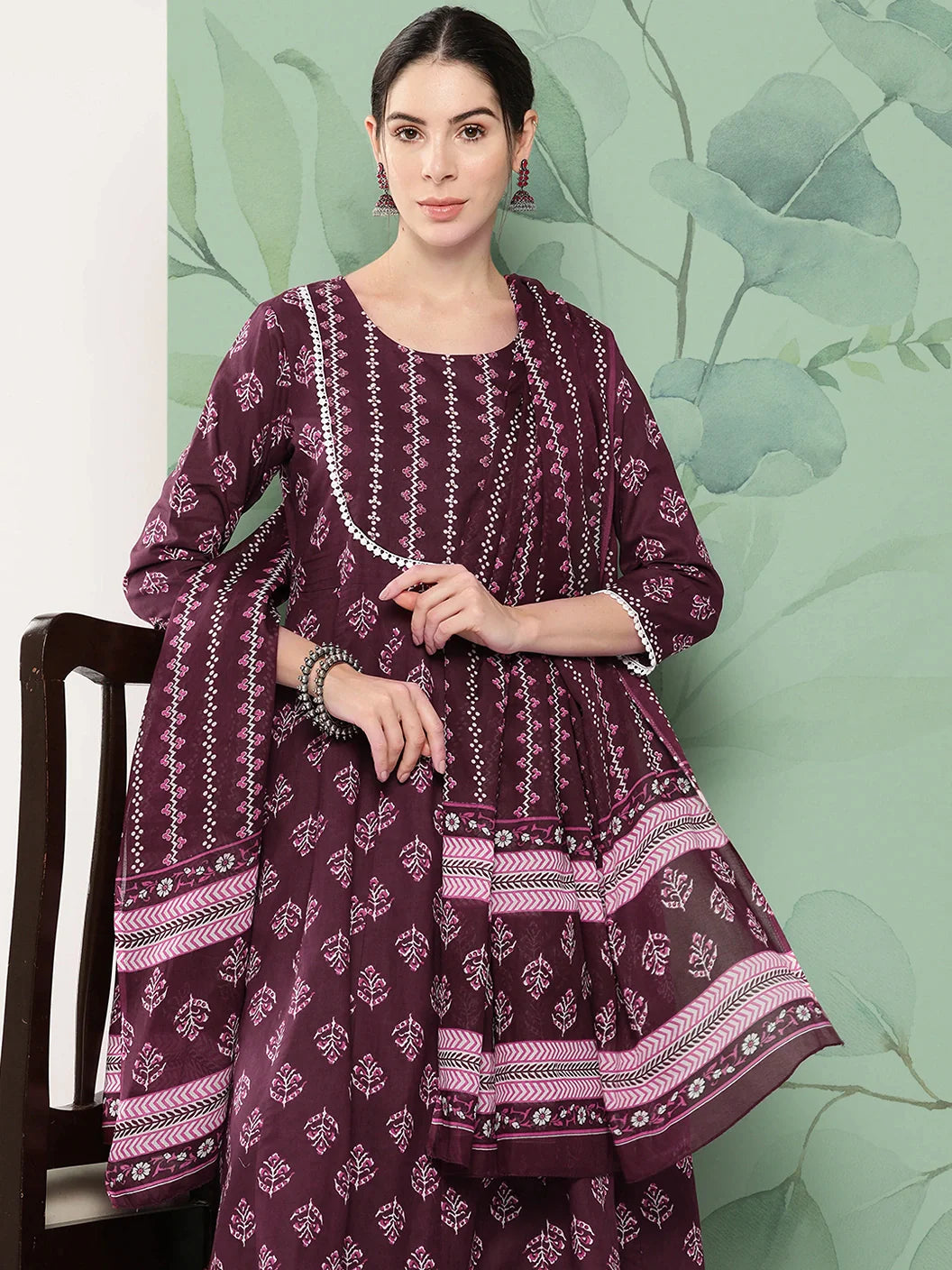 Burgundy Floral Printed A Line Shape Cotton Kurta Dupatta Set