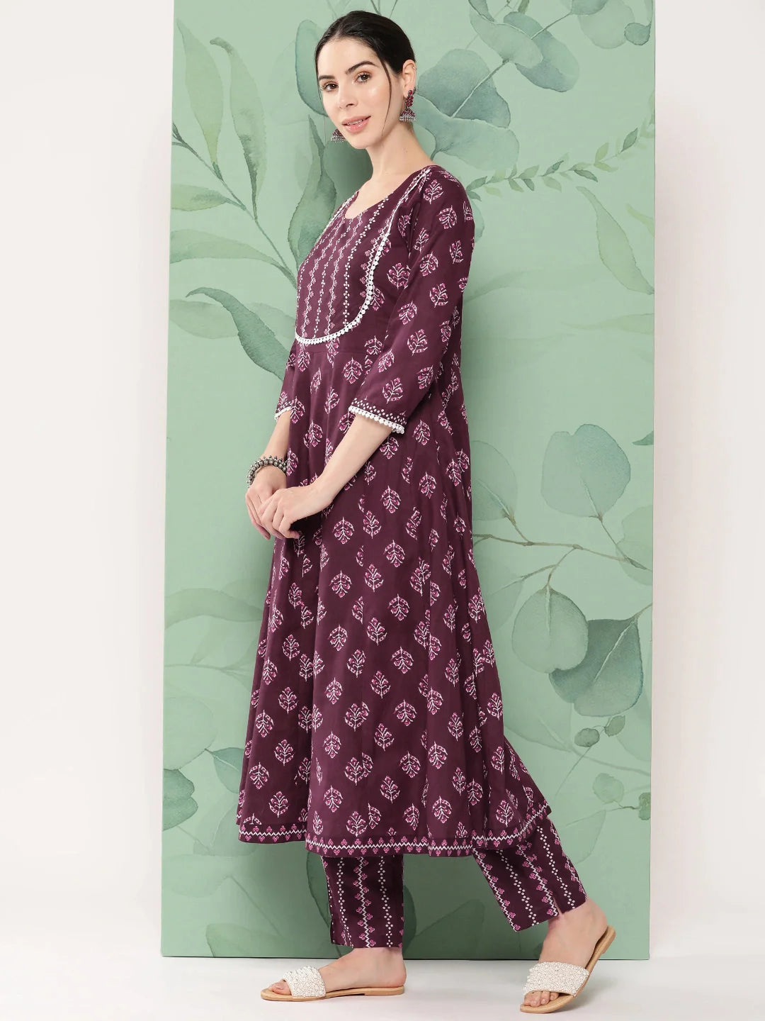 Burgundy Floral Printed A Line Shape Cotton Kurta Dupatta Set