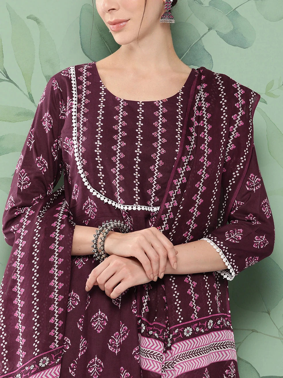 Burgundy Floral Printed A Line Shape Cotton Kurta Dupatta Set