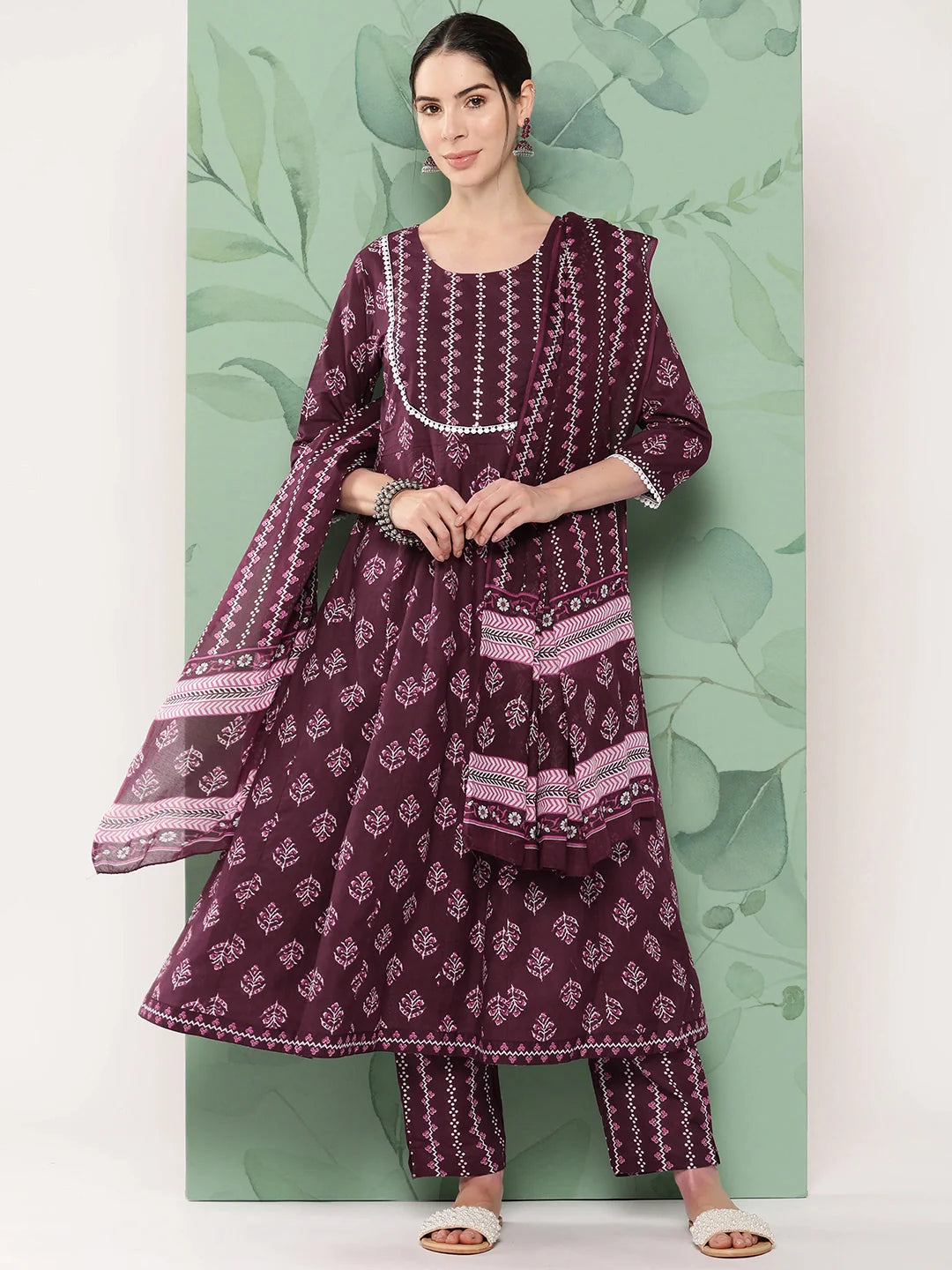 Burgundy Floral Printed A Line Shape Cotton Kurta Dupatta Set