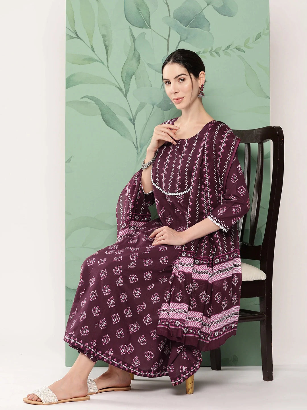 Burgundy Floral Printed A Line Shape Cotton Kurta Dupatta Set