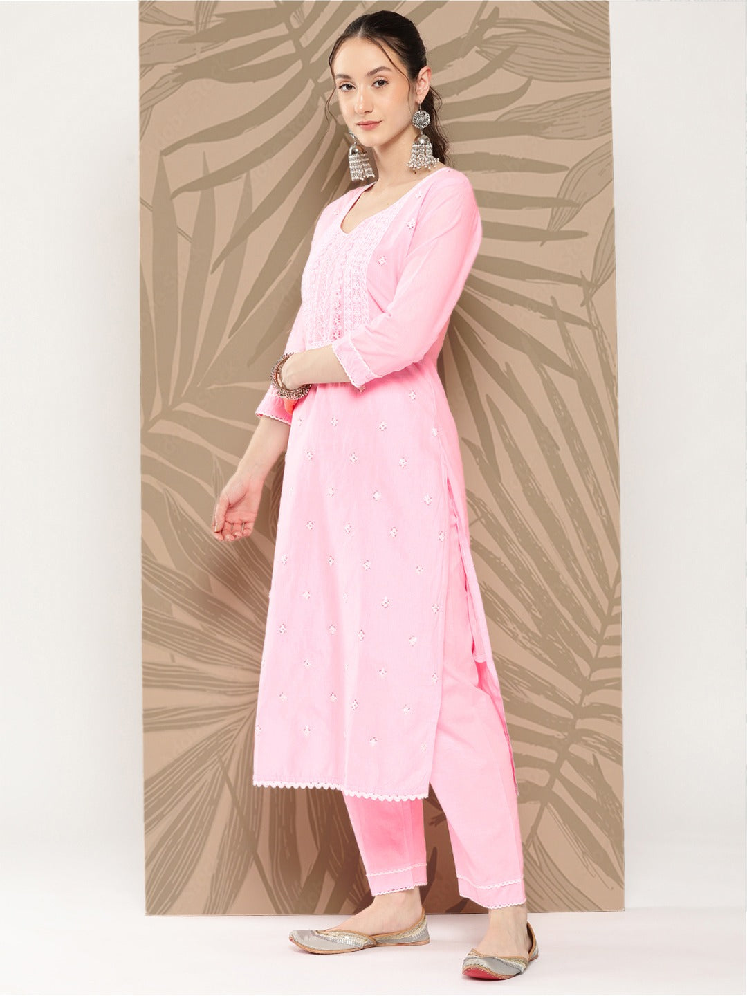 Pink Floral Embroidered Cotton Kurta Dupatta Set