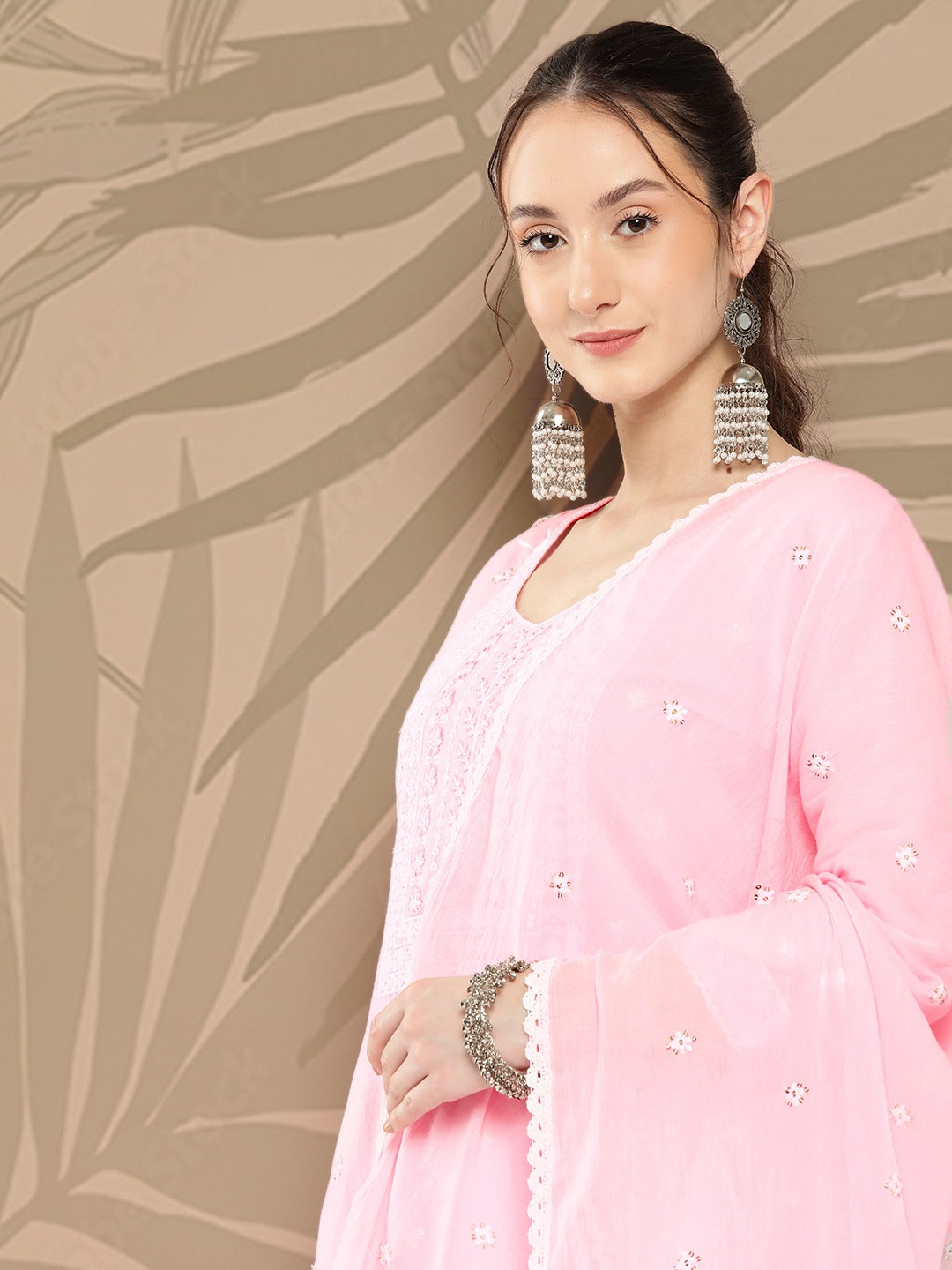 Pink Floral Embroidered Cotton Kurta Dupatta Set