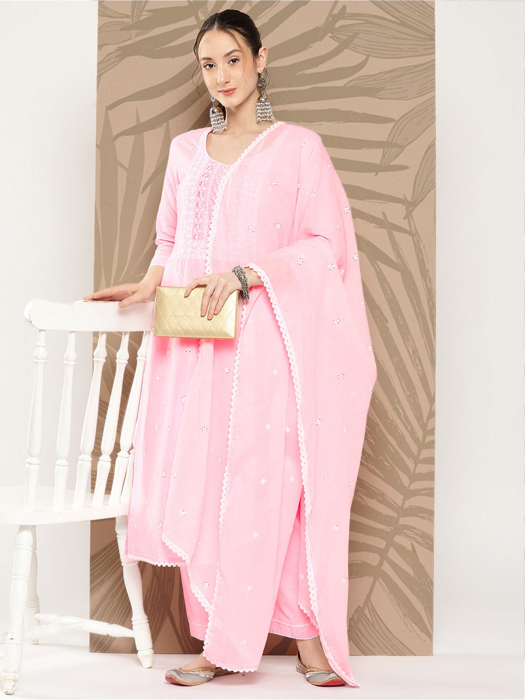 Pink Floral Embroidered Cotton Kurta Dupatta Set