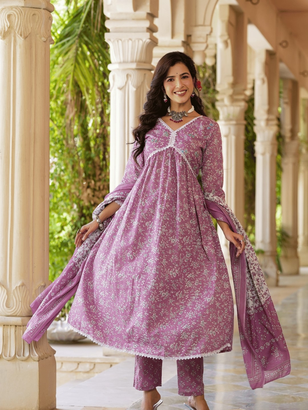 Mauve Floral Printed Regular Pure Cotton Kurta With Trousers With Dupatta Set