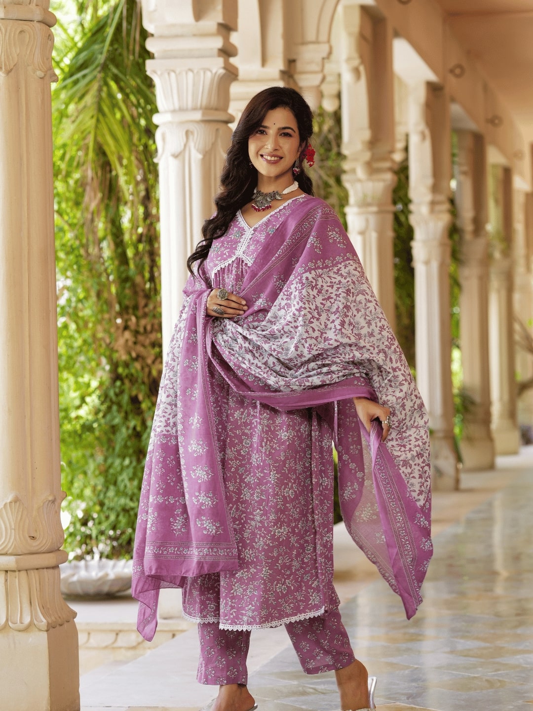 Mauve Floral Printed Regular Pure Cotton Kurta With Trousers With Dupatta Set