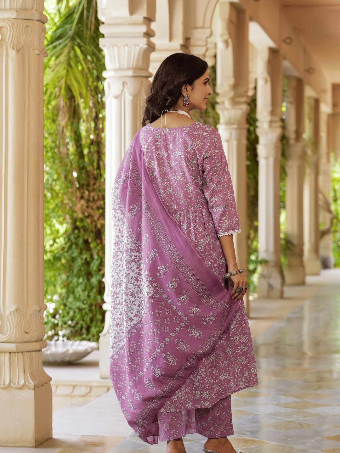 Mauve Floral Printed Regular Pure Cotton Kurta With Trousers With Dupatta Set