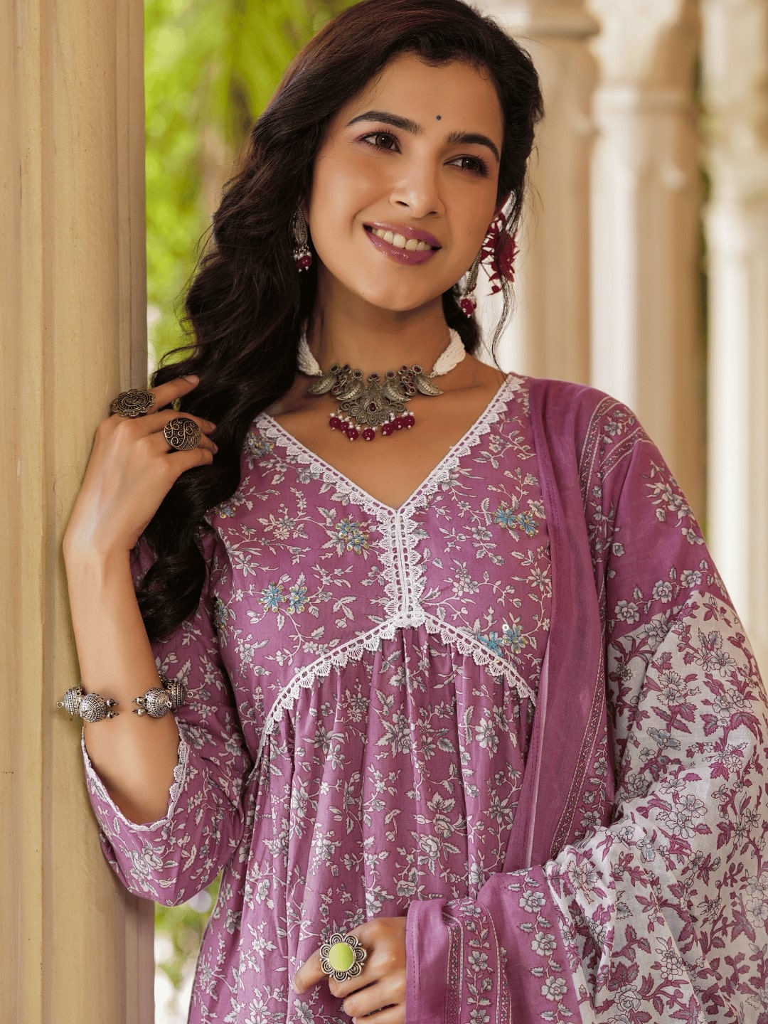Mauve Floral Printed Regular Pure Cotton Kurta With Trousers With Dupatta Set