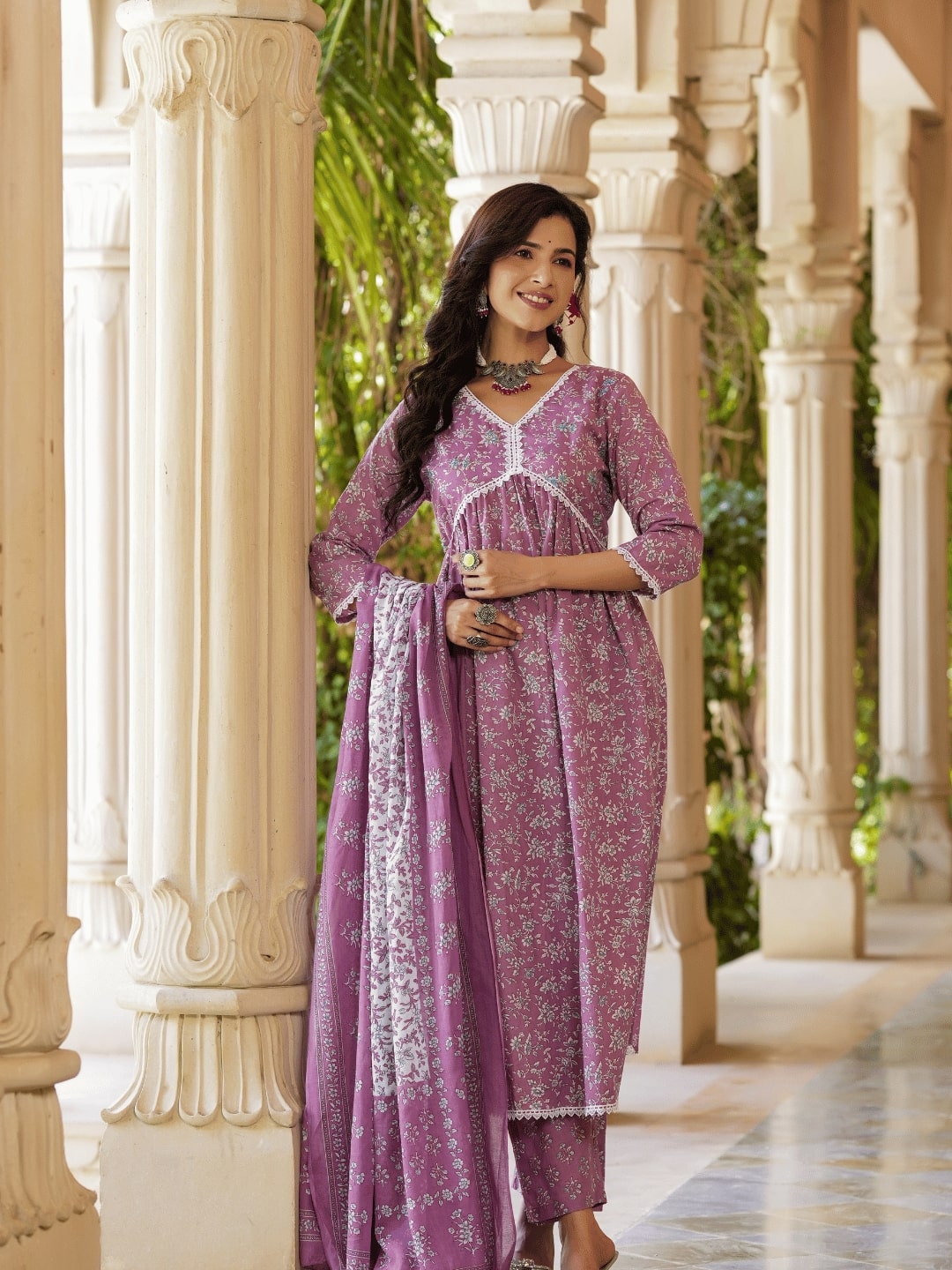 Mauve Floral Printed Regular Pure Cotton Kurta With Trousers With Dupatta Set