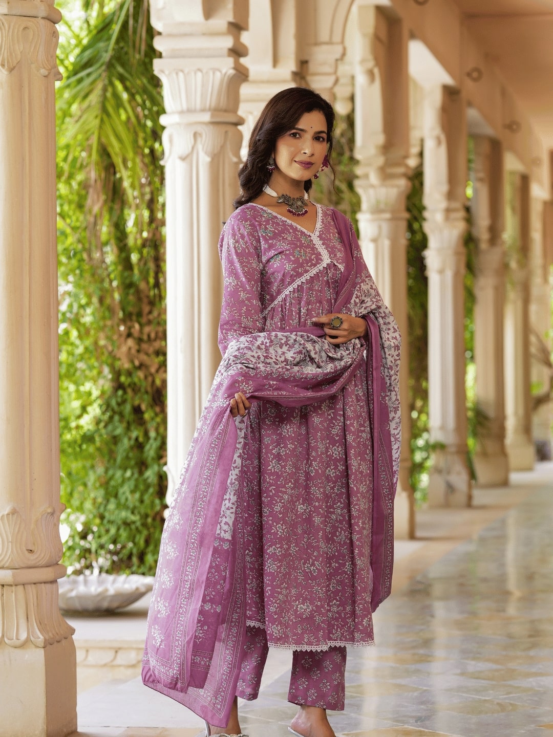 Mauve Floral Printed Regular Pure Cotton Kurta With Trousers With Dupatta Set