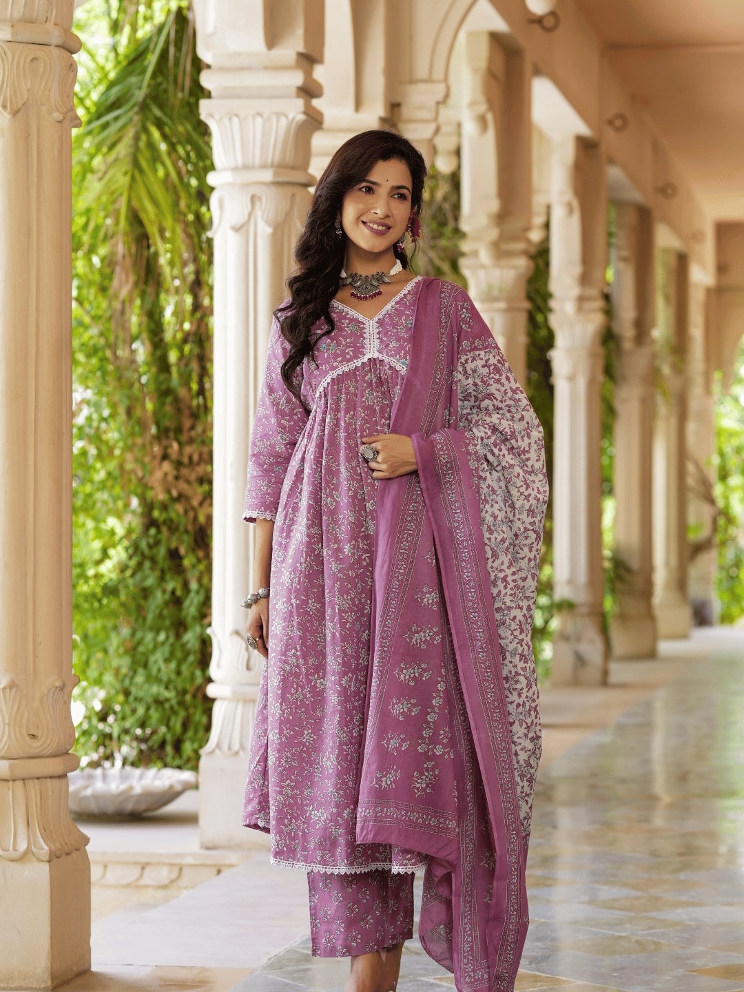 Mauve Floral Printed Regular Pure Cotton Kurta With Trousers With Dupatta Set