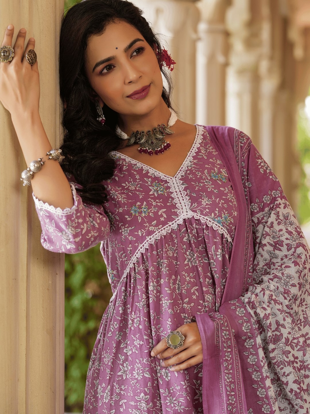 Mauve Floral Printed Regular Pure Cotton Kurta With Trousers With Dupatta Set