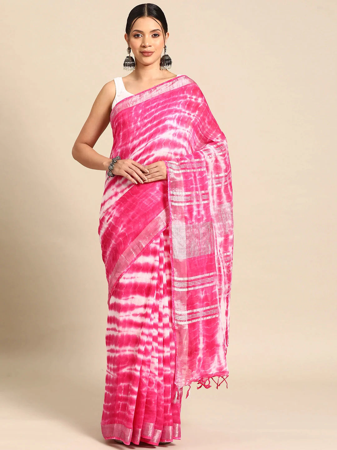 Pink Tie Dye Pure Linen Saree