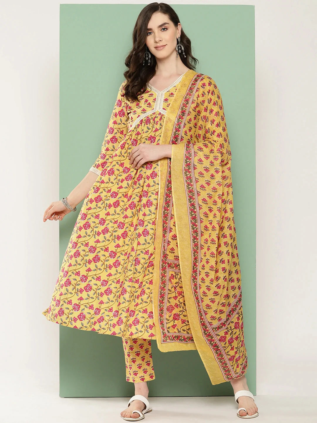 Floral Printed Regular Pure Cotton Kurta With Trousers With Dupatta Set 1