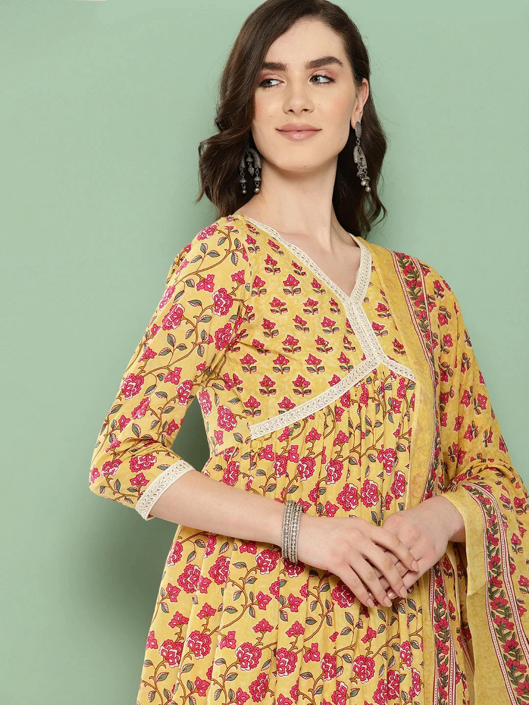 Floral Printed Regular Pure Cotton Kurta With Trousers With Dupatta Set 1