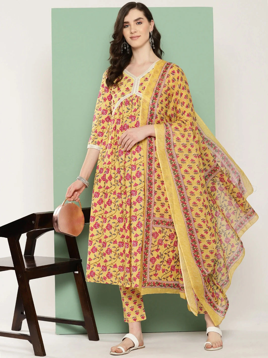 Floral Printed Regular Pure Cotton Kurta With Trousers With Dupatta Set 1
