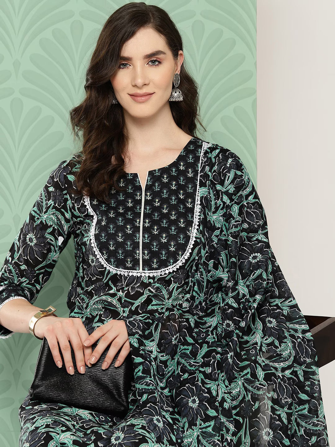 Black Floral Printed Regular Pure Cotton Kurta with Trousers & With Dupatta Set