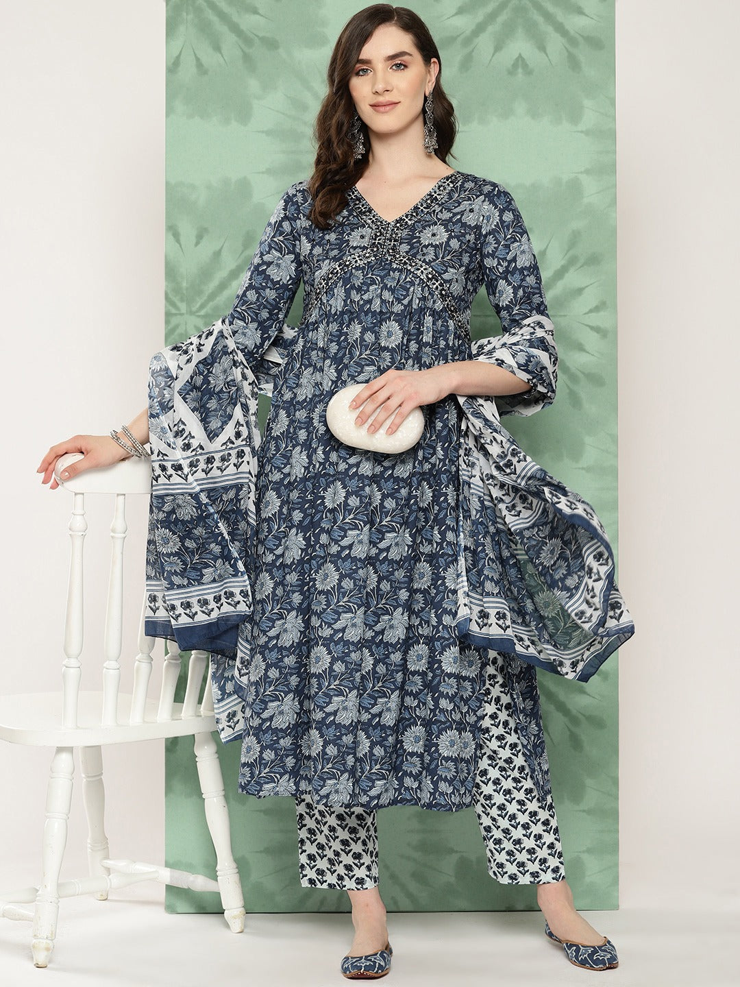 Blue Floral print alia-cut Kurta with Trousers with dupatta Set