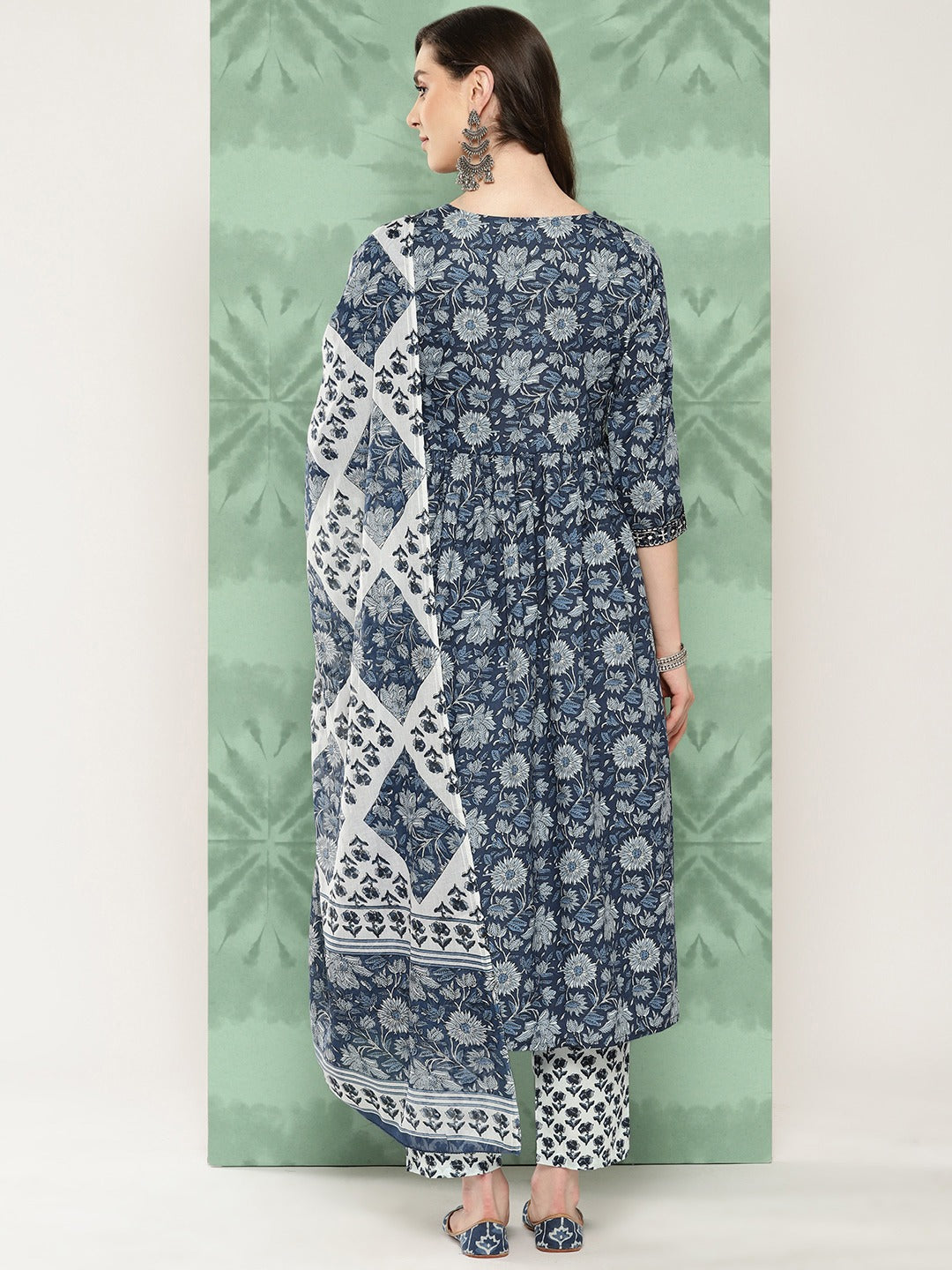 Blue Floral print alia-cut Kurta with Trousers with dupatta Set