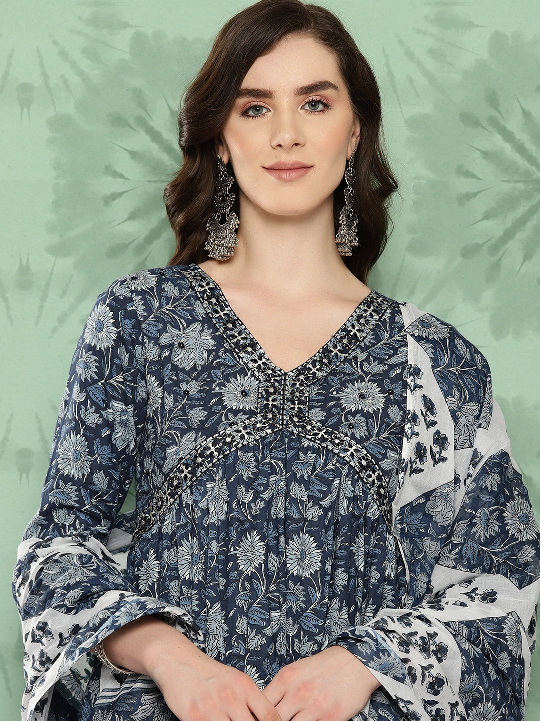 Blue Floral print alia-cut Kurta with Trousers with dupatta Set