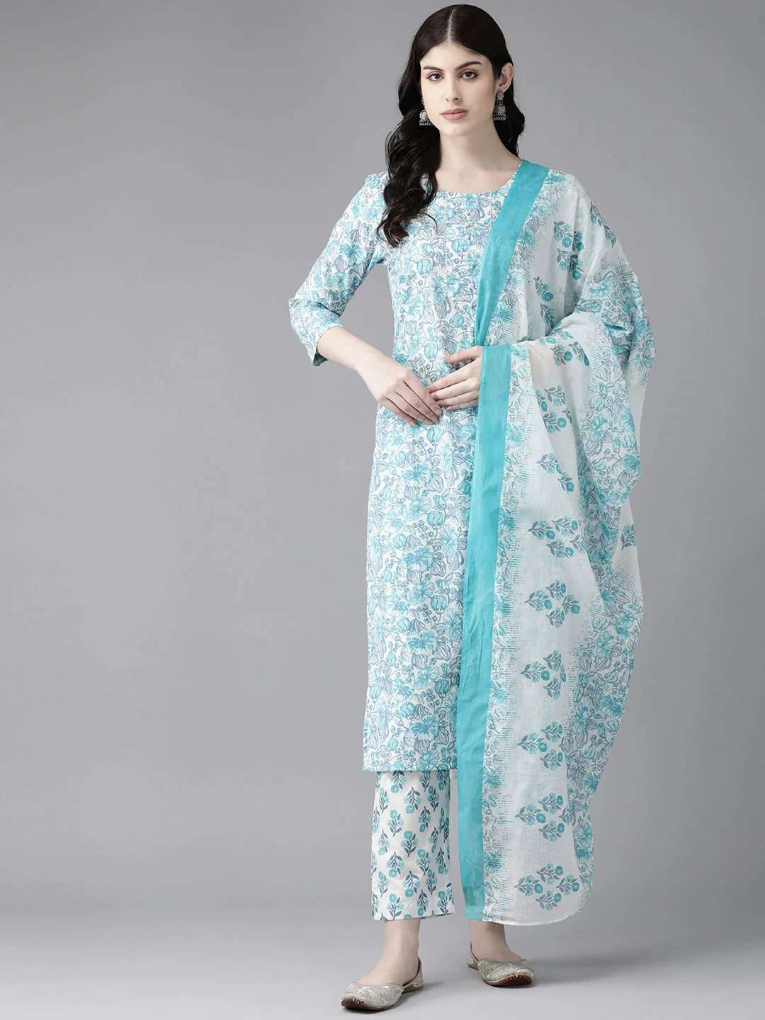 White Floral Printed Gotta Patti Pure Cotton Kurta With Trousers Dupatta