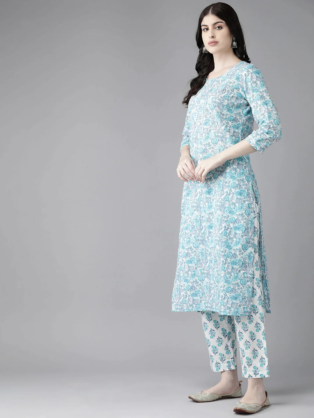 White Floral Printed Gotta Patti Pure Cotton Kurta With Trousers Dupatta