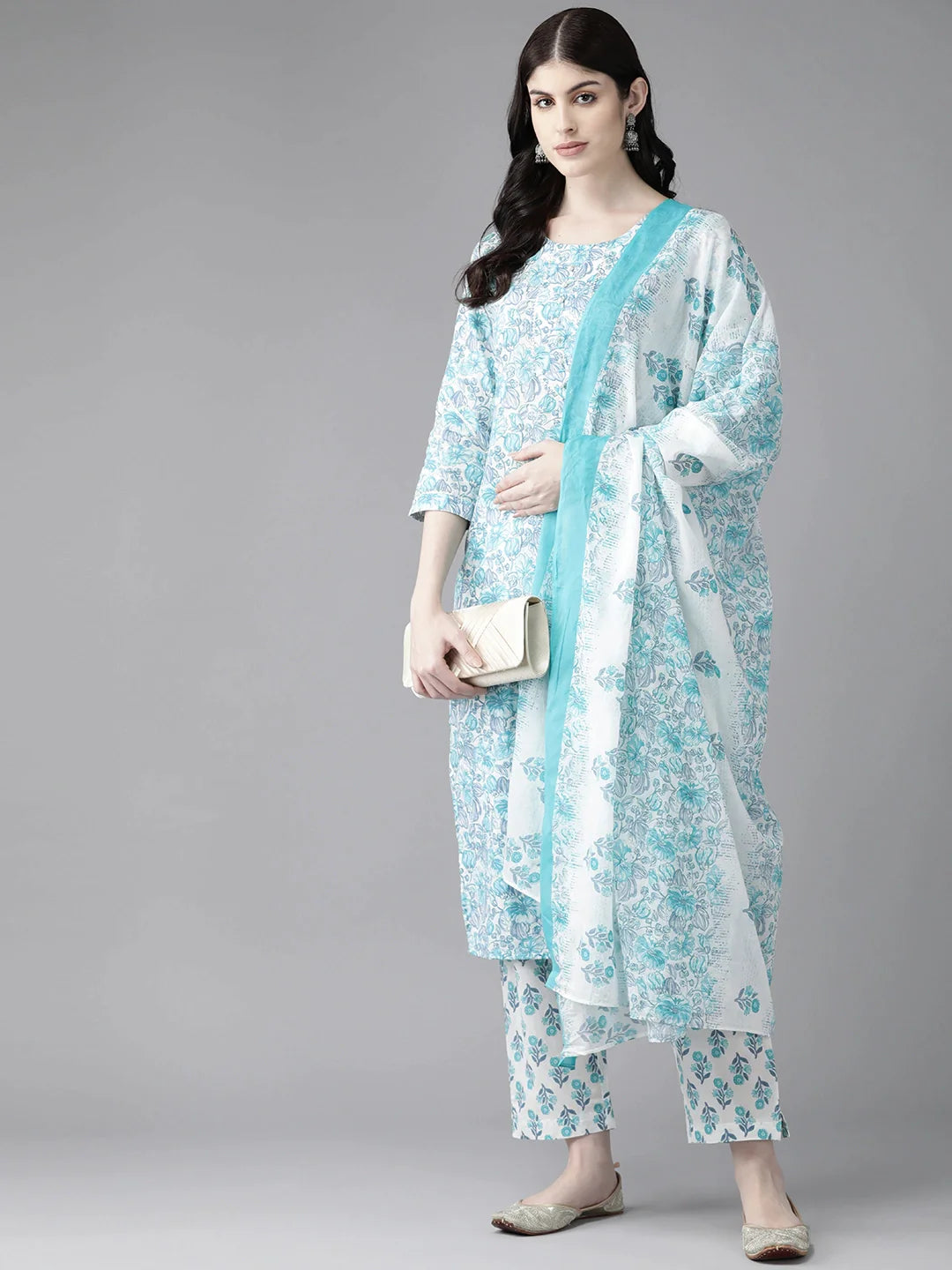 White Floral Printed Gotta Patti Pure Cotton Kurta With Trousers Dupatta