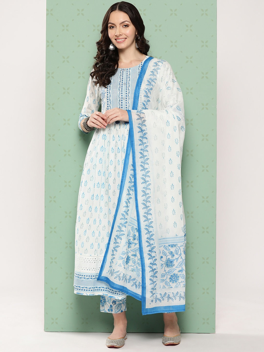 Women Ethnic Printed Regular Sequined Cotton Kurta With Trousers Dupatta