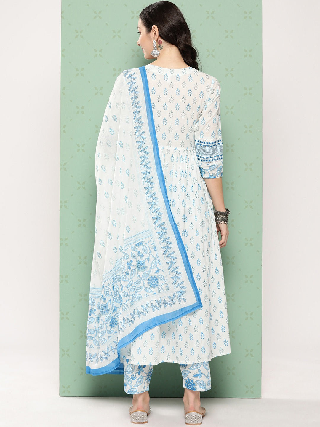 Women Ethnic Printed Regular Sequined Cotton Kurta With Trousers Dupatta