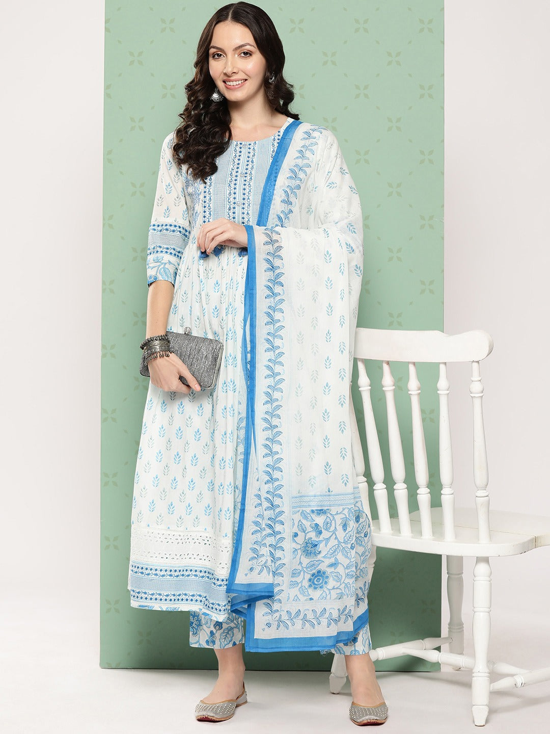 Women Ethnic Printed Regular Sequined Cotton Kurta With Trousers Dupatta