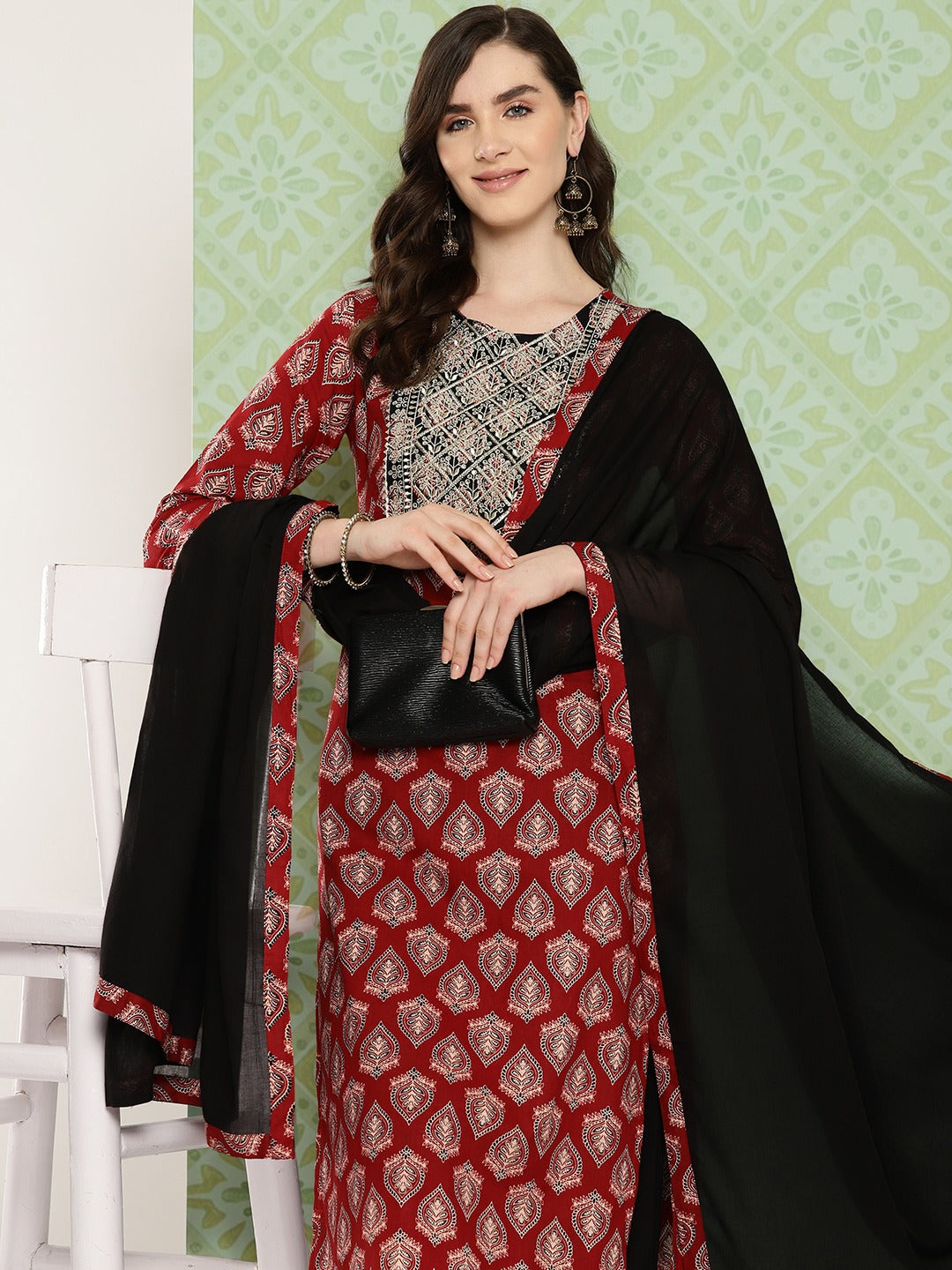 Black Ethnic Motifs Printed Regular Pure Cotton Kurta With Trousers With Dupatta Set