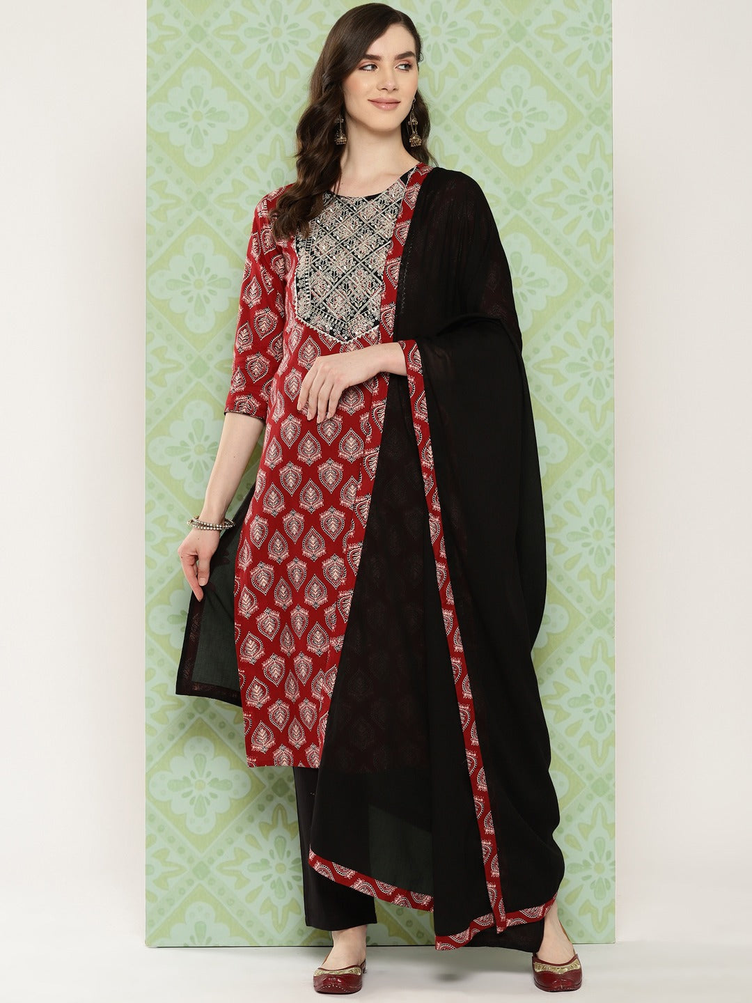 Black Ethnic Motifs Printed Regular Pure Cotton Kurta With Trousers With Dupatta Set