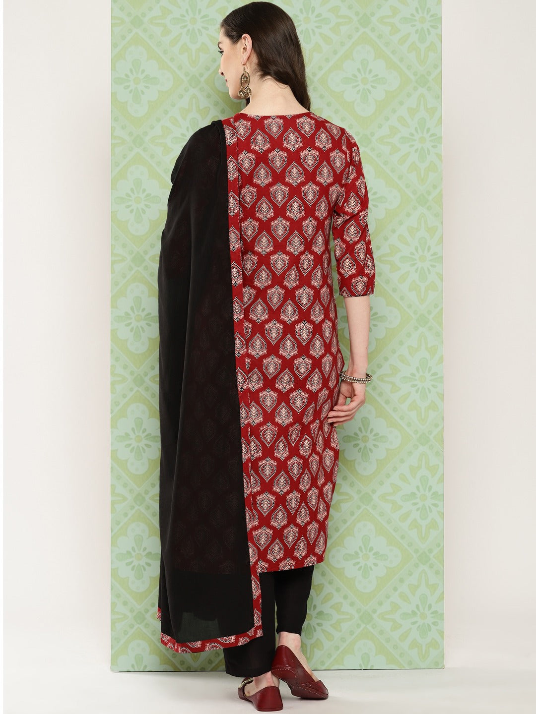 Black Ethnic Motifs Printed Regular Pure Cotton Kurta With Trousers With Dupatta Set