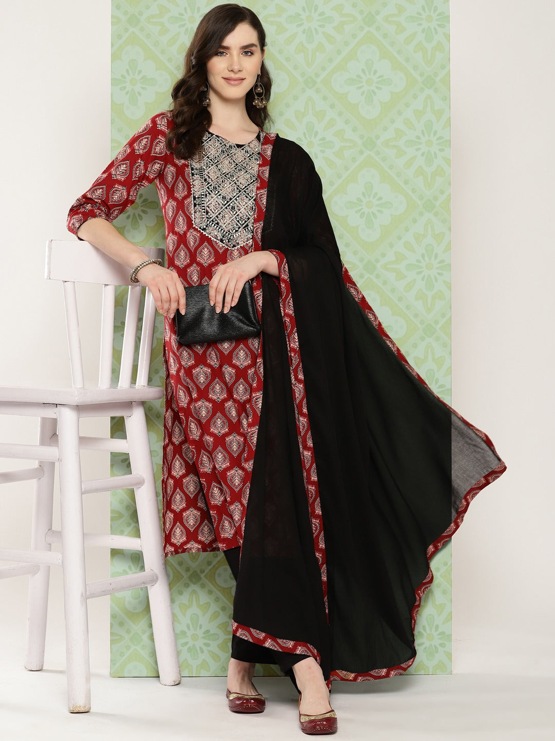 Black Ethnic Motifs Printed Regular Pure Cotton Kurta With Trousers With Dupatta Set