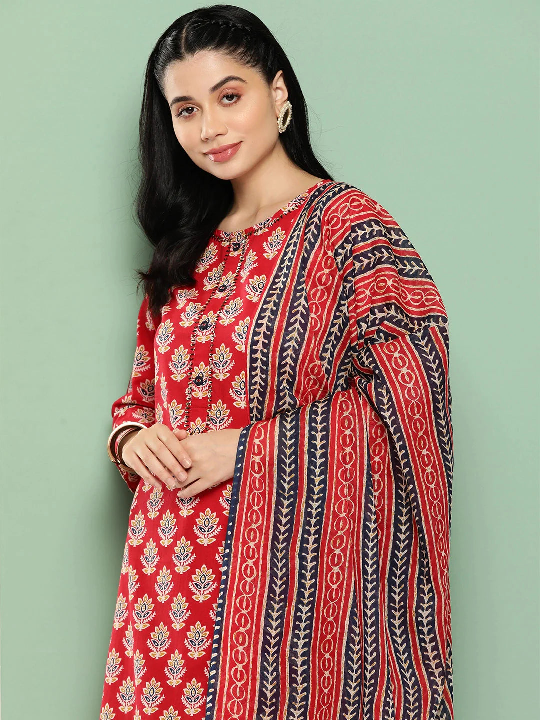 Floral Printed Regular Sequinned Pure Cotton Kurta With Trousers With Dupatta Set