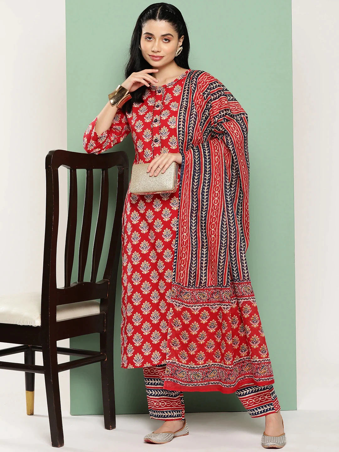 Floral Printed Regular Sequinned Pure Cotton Kurta With Trousers With Dupatta Set