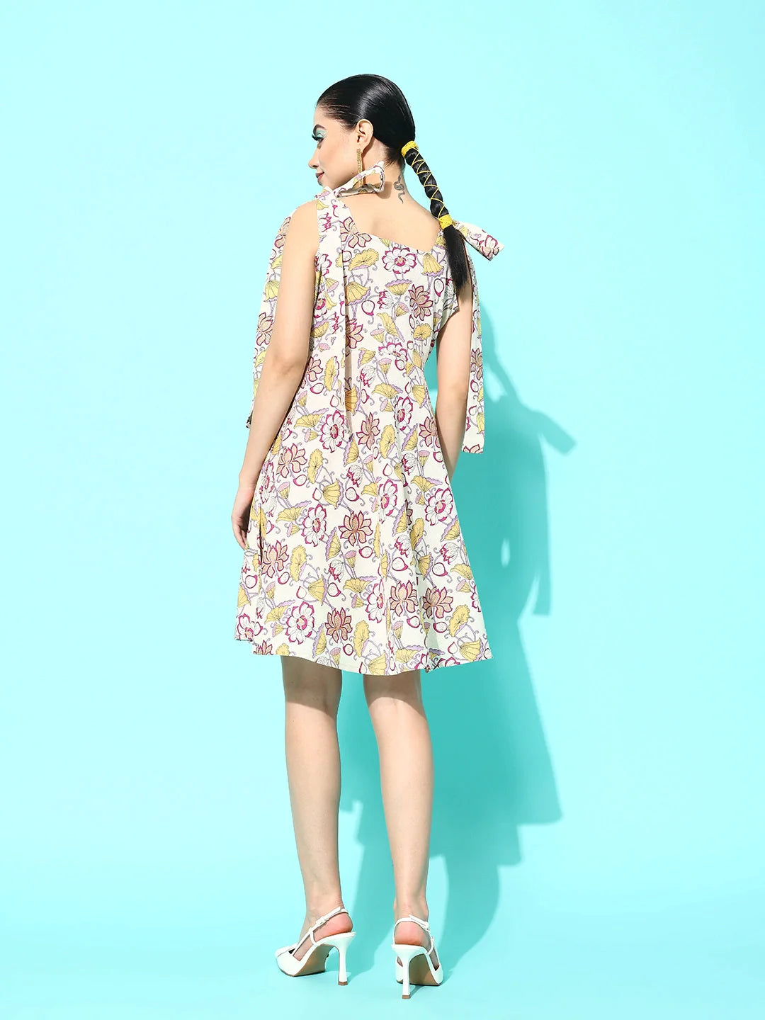 Yellow Off White Floral Print Pure Cotton A Line Dress
