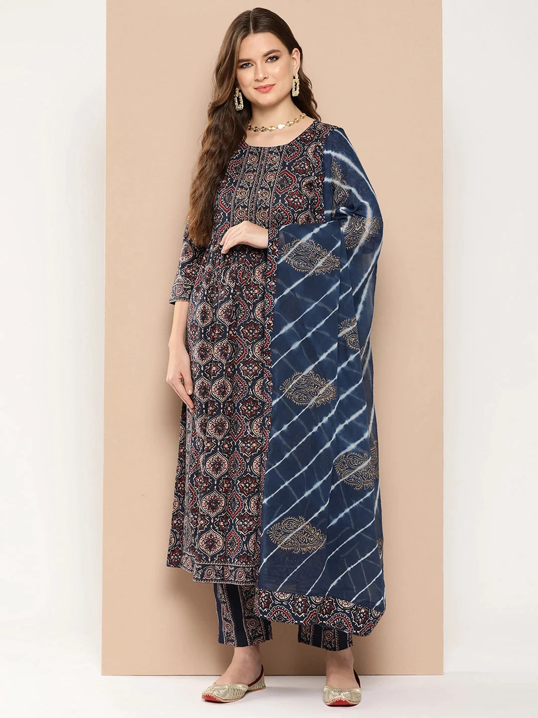 Ethnic Motifs Printed Regular Sequined Cotton Kurta with Trousers Dupatta