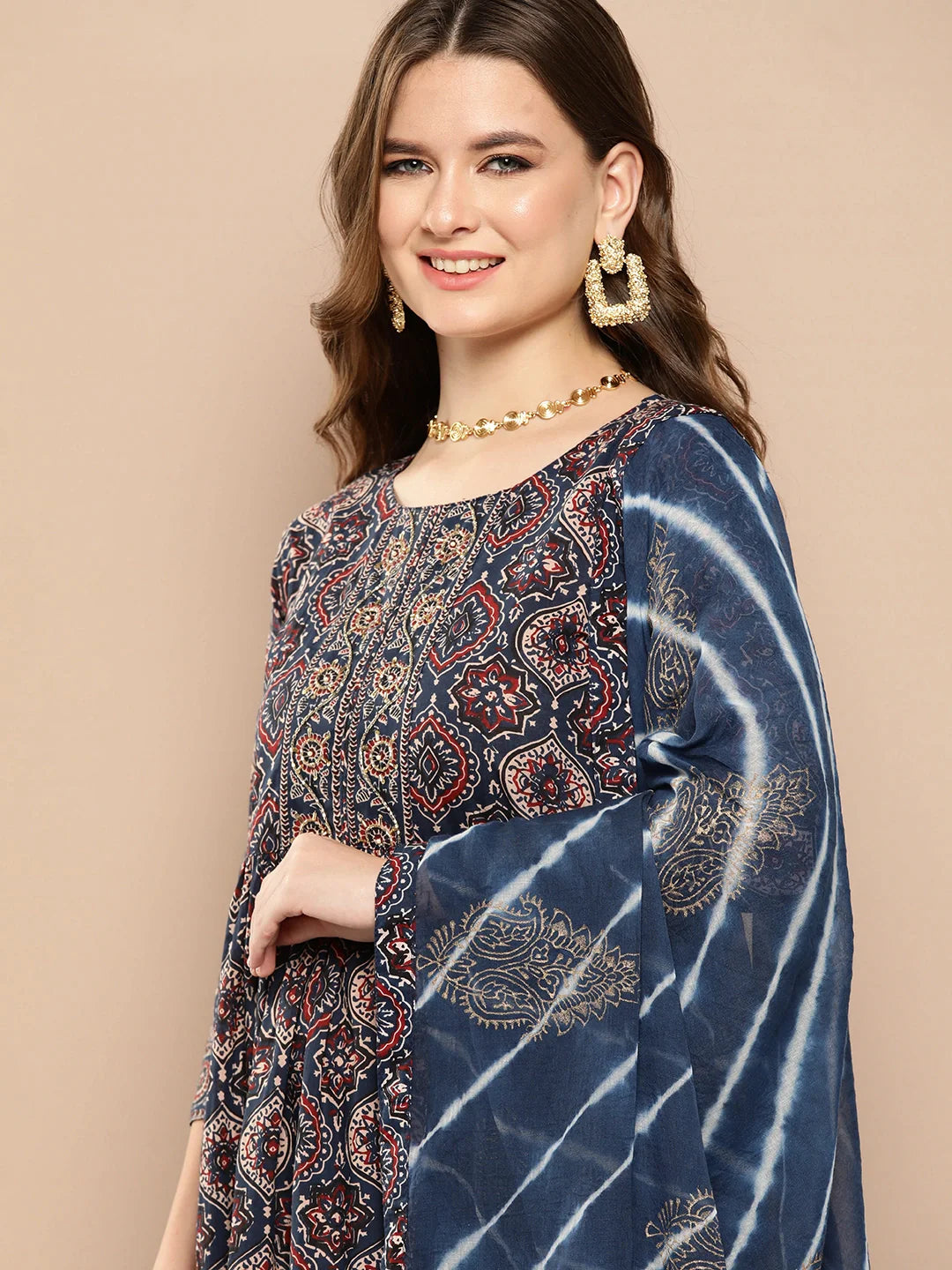 Ethnic Motifs Printed Regular Sequined Cotton Kurta with Trousers Dupatta